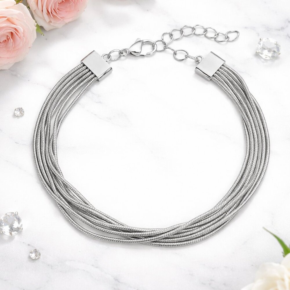 Multi Row Snake Chain Bracelet in Stainless Steel Adjustable 7.5 to 9 Inches